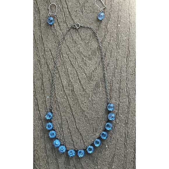 Unbranded Jewelry - Blue Art DEco Crystal Necklace Choker & Dangle Earrings Set 1930s Open Back Bril